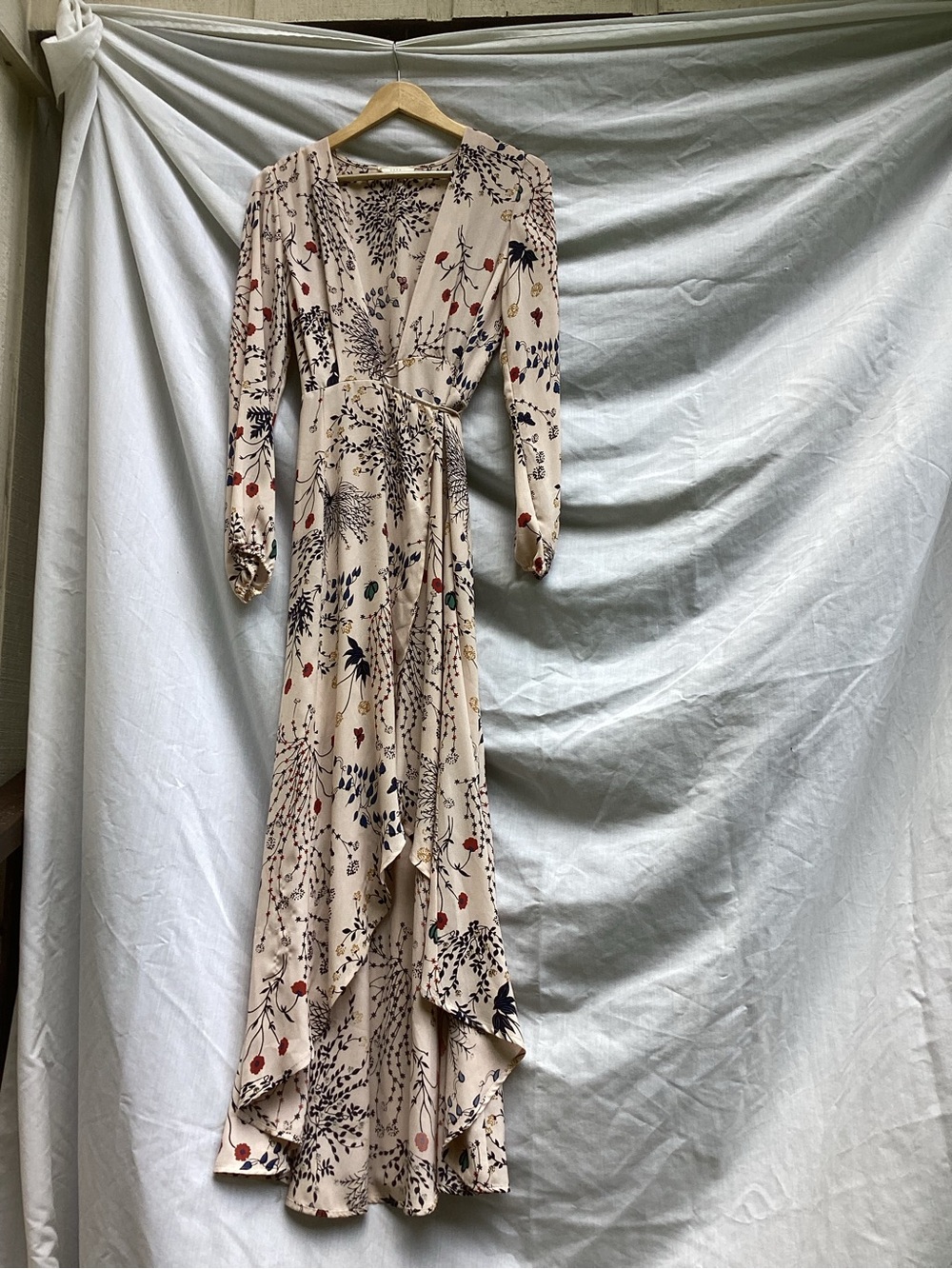 Lush Beige Floral Wrap Maxi Dress with Red and Navy Accents, size large